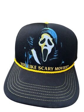 Black "You Like Scary Movies?" Trucker Hat with Yellow Accents